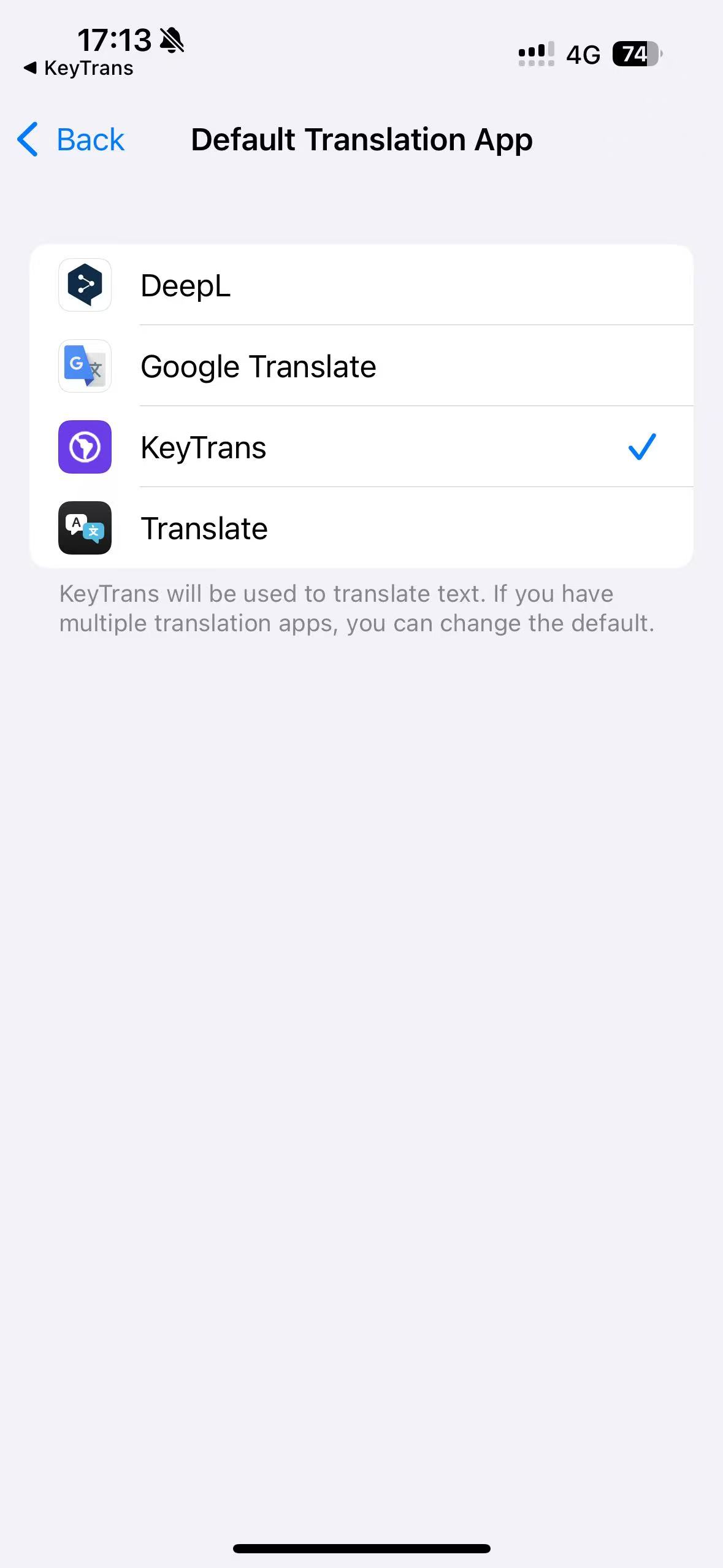 Select KeyTrans as Default Translation App