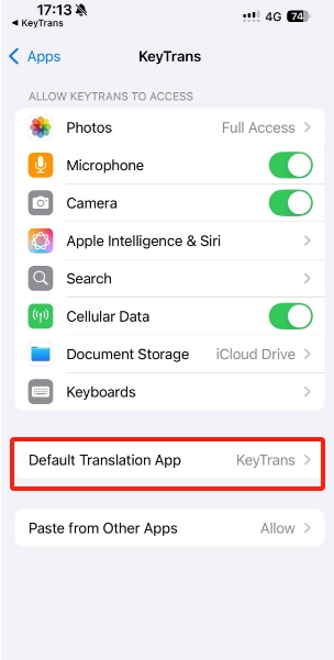Select KeyTrans as Default Translation App